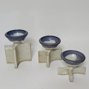 Vintage Mid Century glazed pottery set of 3 blue and beige Great condition